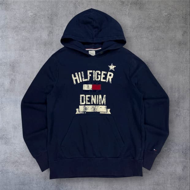 타미힐피거 네이비 컬러 빅로고 후드티