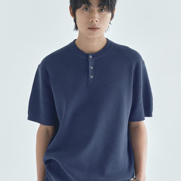 새옷) 이코르 리브드 헨리넥 반팔 니트 블루 XL
