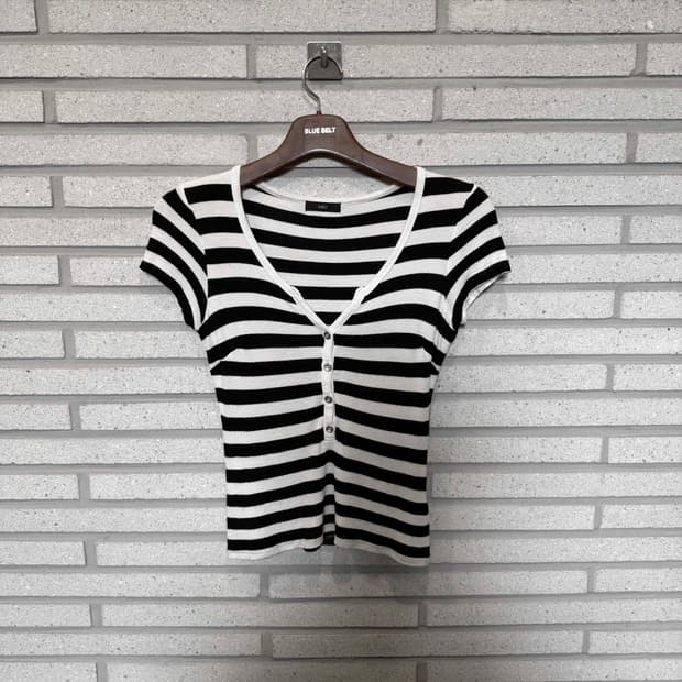 JPN VINTAGE 민소매 오픈카라 스트라이프 배색 디테일