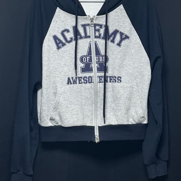 Y2K 투웨이 크롭 후드집업 그레이 네이비 배색