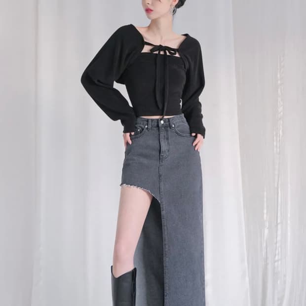 [어반드레스] Terry Tube Top Cardigan Set BLAC