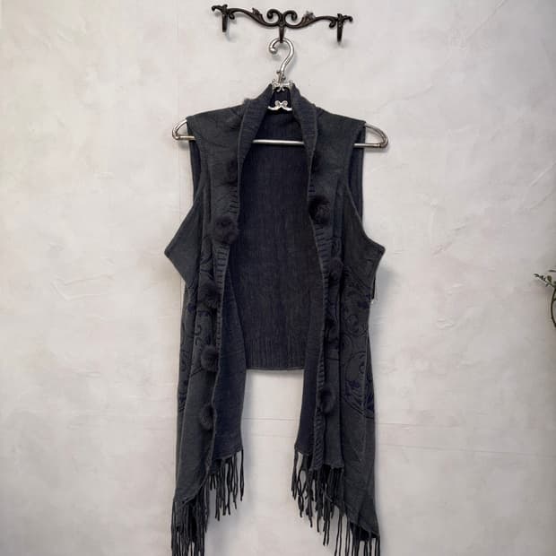 Ash navy oriental rabbit fur ball vest
