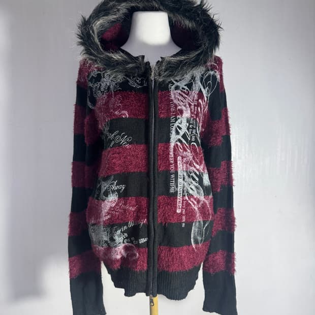 Clash ahead 레터링 스트라이프 니트 퍼 후드집업 y2k 펑크