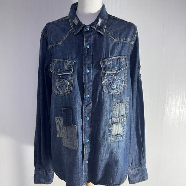 빈티지 터키석 패치워크 데님 웨스턴 셔츠