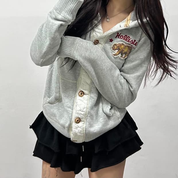 홀리스터 y2k 올드스쿨 스웻 버튼 후드 자켓 져지(M)