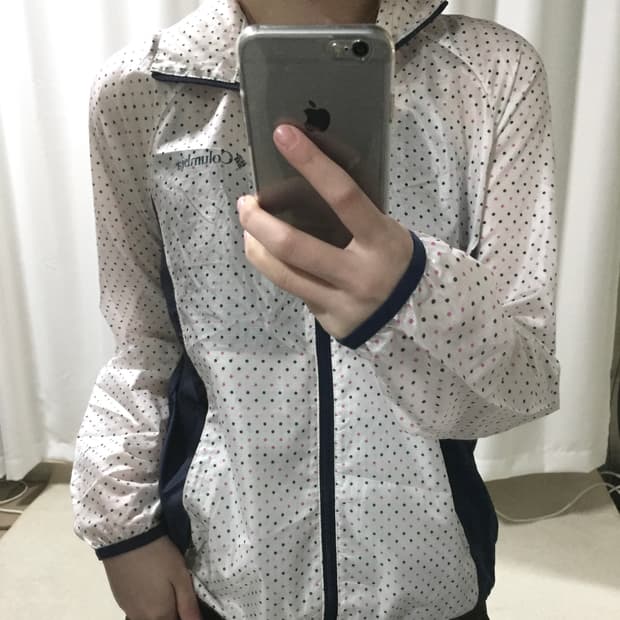 컬럼비아 화이트 네이비 핑크 도트 바람막이
