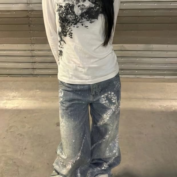 갸루 펑크 y2k 핀터깔 그래픽 롱슬리브 티셔츠 화이트