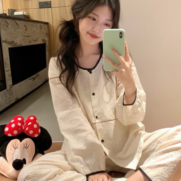 누아젤 여성 자수 면 파자마세트 베이지