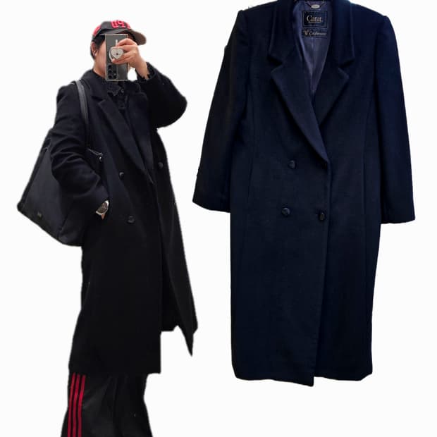 Carat by Sanyo 블랙 퓨어 캐시미어 테일러드 더블 코트