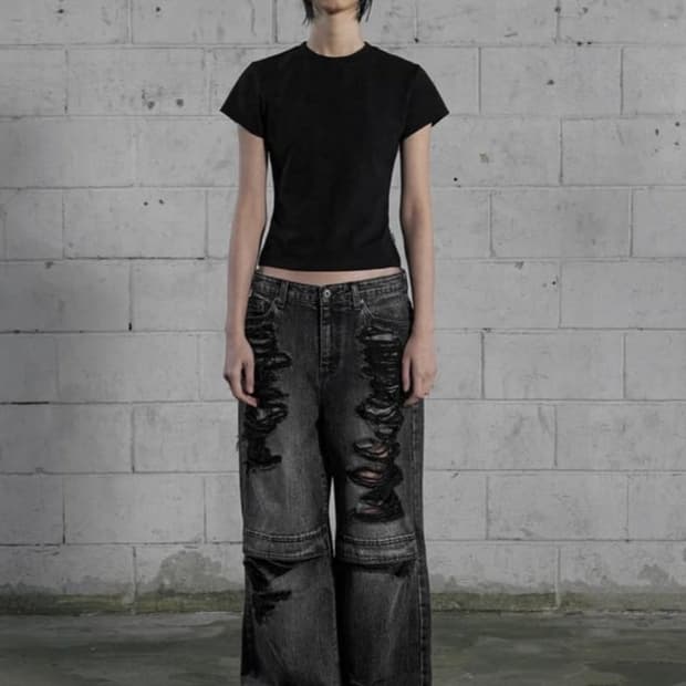 보헤미안서울 KNEE OPEN RIPPED WIDE JEANS GRAY