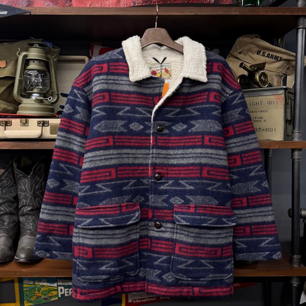 80s 켄터키 카디널 네이티브 아즈켓 패턴 쉐르파 코트 자켓 N241