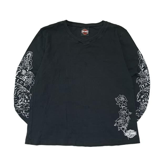 CL563 2XL 할리데이비슨 00s 미국판 타이거로즈 블랙 V넥 티셔