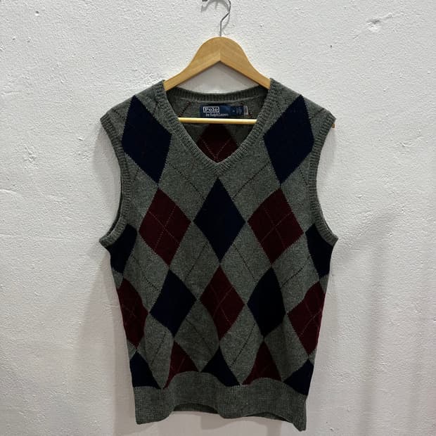 폴로 카키 아가일 니트 조끼M