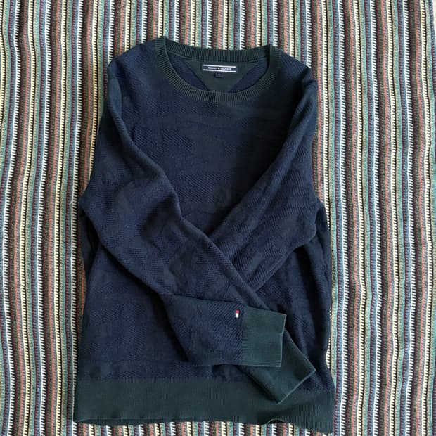 타미힐피거 라운드넥 패턴 니트 네이비 그린