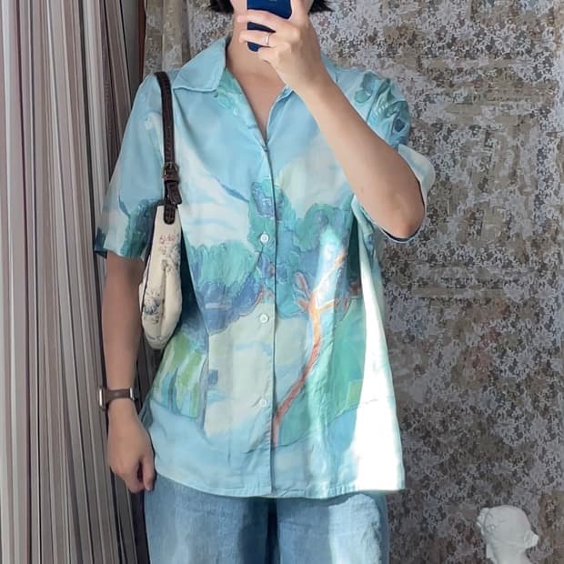 H&M 리오셀 수채화 랜드스케이프 오픈카라 반팔 셔츠