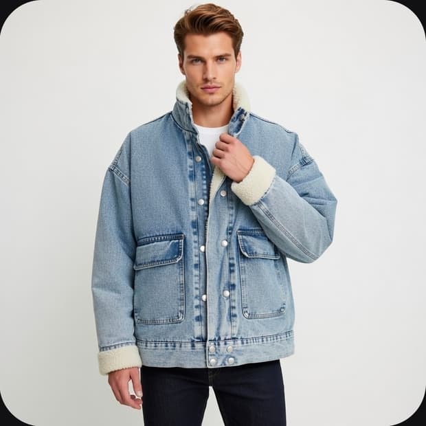 남자 여자 오버핏 하이넥 양털 데님 청 자켓 연청 워싱 105 110