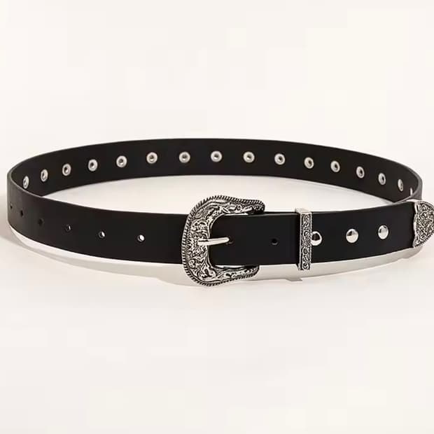 Western Engraved Silver Buckle Black Lea