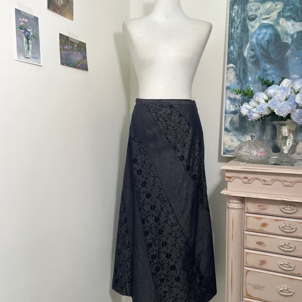 indi denim black flower embroidery long