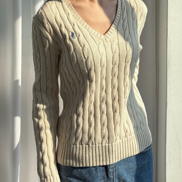 [S-M]폴로 랄프로렌 꽈배기 케이블 브이넥 코튼 니트