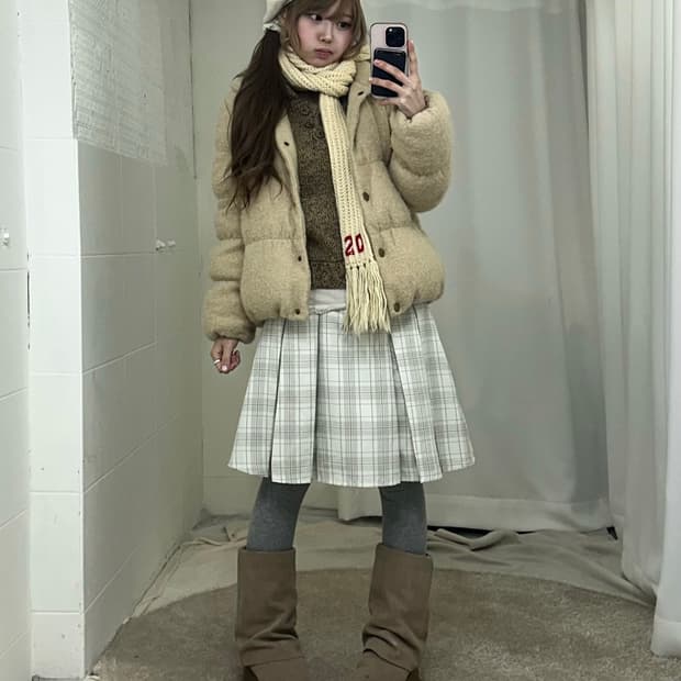 아이보리 베이지 모리걸 하구미 패딩 코디세트