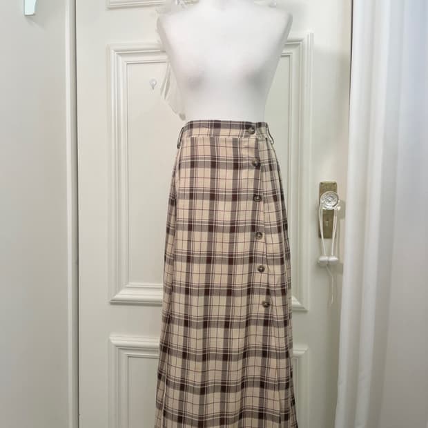 beige brown check button point long skir