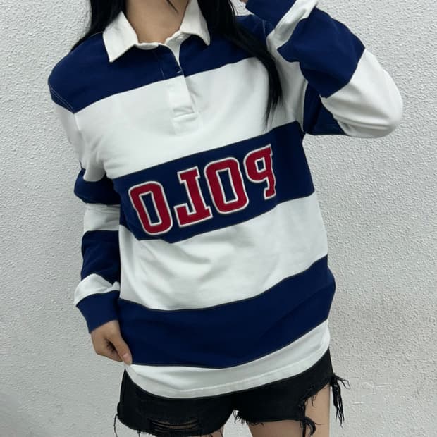 폴로 랄프로렌 빅로고 네이비 단가라 럭비티 M