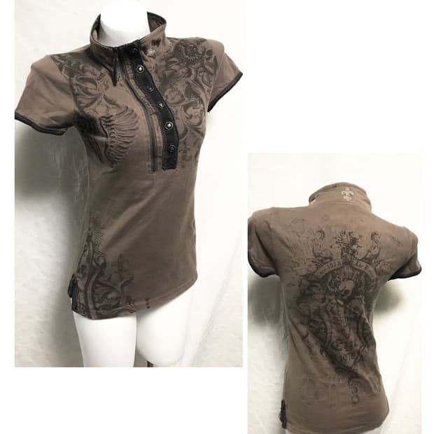 빈티지 glitz 글리츠 펑크 하이넥 카라 반소매 탑