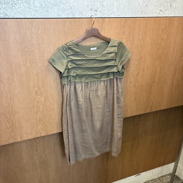 빈티지 반팔 미디 원피스 배색 러플 라운드넥 디테일 카키 베이지 k394