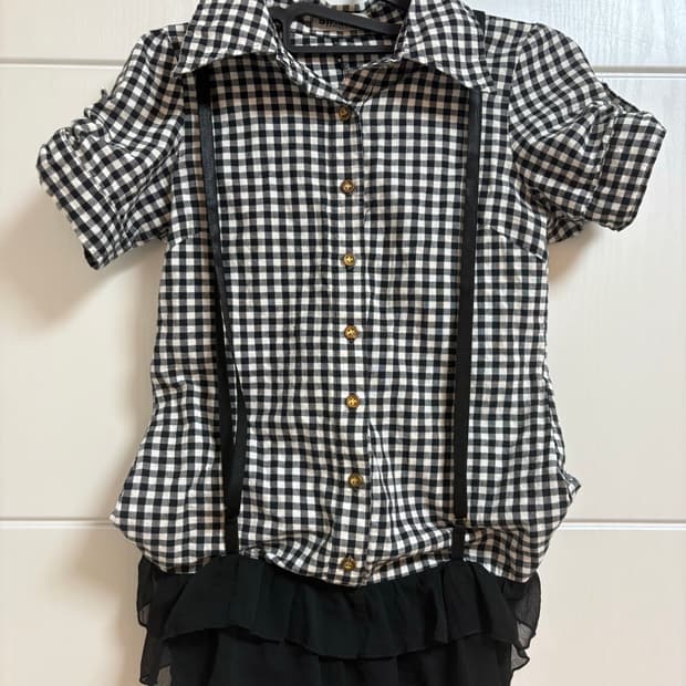 체크 퍼프 소매 프릴 레이어드 반팔 셔츠
