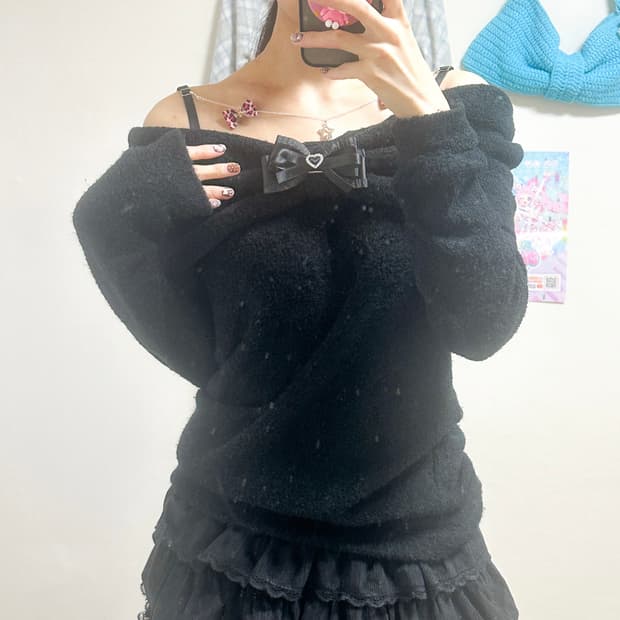 빈티지 블랙 리본 오프숄더 리본 호피 체인 니트 티셔츠 오네갸루 로걀