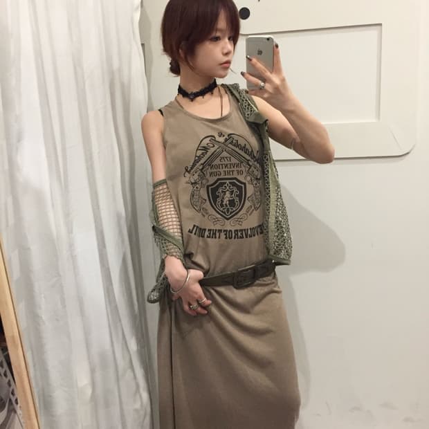 JPN Vintage 펑크 고스 카키 레터링 롱 원피스