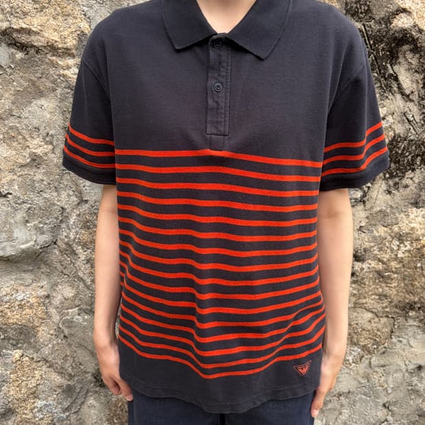 Armani Jeans 오렌지 스트라이프 반팔 카라 티셔츠 XL