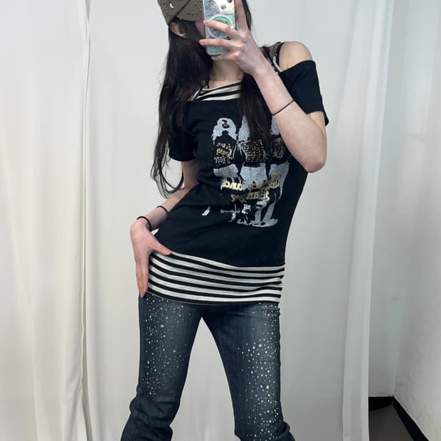 00‘s 스트라이프 레이어드 프린팅 티셔츠