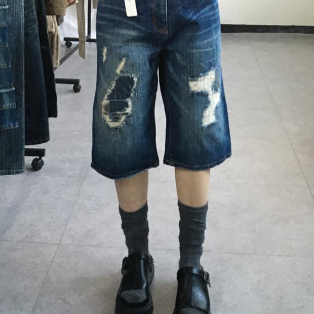 Damage point denim half pants