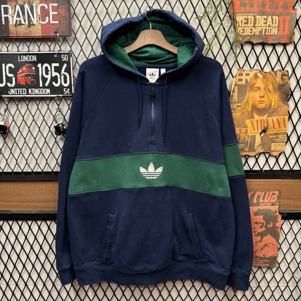 아디다스 하프집업 후드티 전면 클래식 로고 포인트 네이비 그린