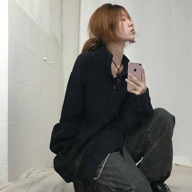 할리데이비슨 블랙 루즈핏 펑크 하프넥 와플 니트