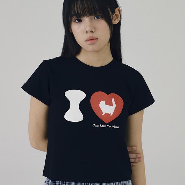 잇자바이브 I LOVE CAT CROP T SHIRT