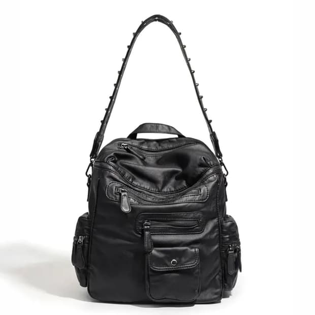 블랙 스터드 멀티 포켓 투웨이 백팩 락시크 하라주쿠 갸루 숄더백 레더