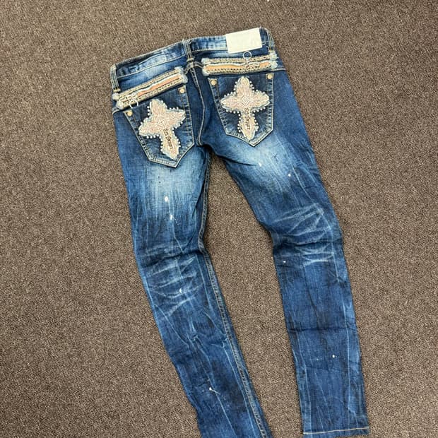 25)레드페퍼 빈티지 Y2K 십자가 패치 자수 로우라이즈 데님팬츠