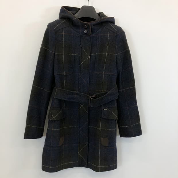 헤지스 타탄체크 울 후드코트 90-165 벨트분리 