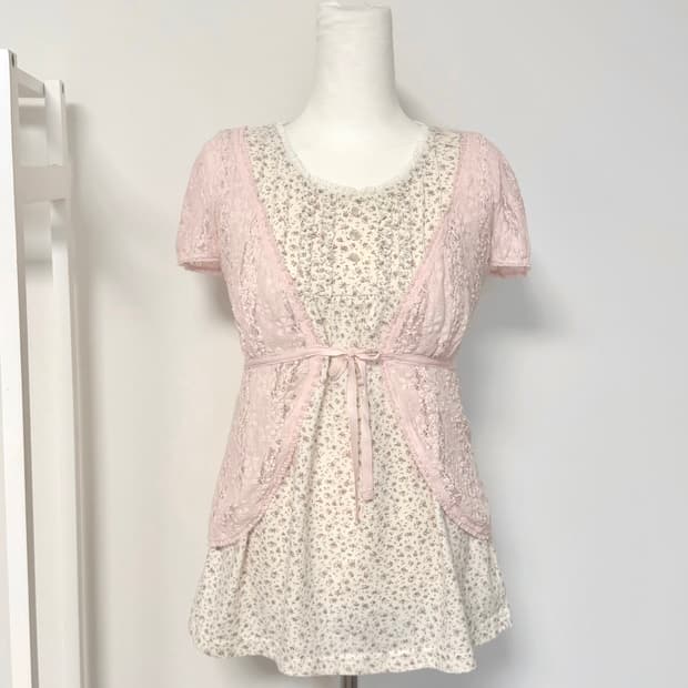 일본빈티지 핑크 플라워 레이스 슬리브리스 세트