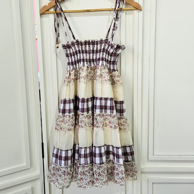 체크 플라워 패치워크 레이어드 원피스