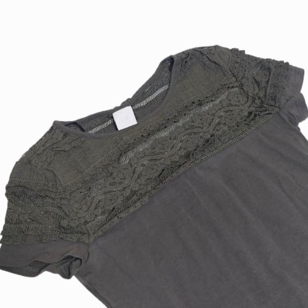 모리걸 카키 레이스 슬림핏 레이어드 시스루 반팔