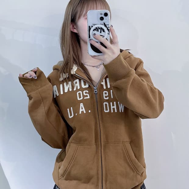 후아유 카멜 빅로고 양털 후드집업