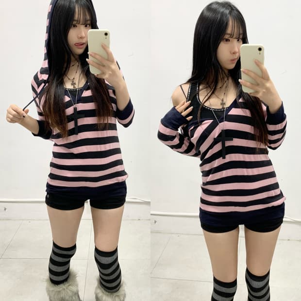 [PLAY] 갸루 핑크 스트라이프 후드