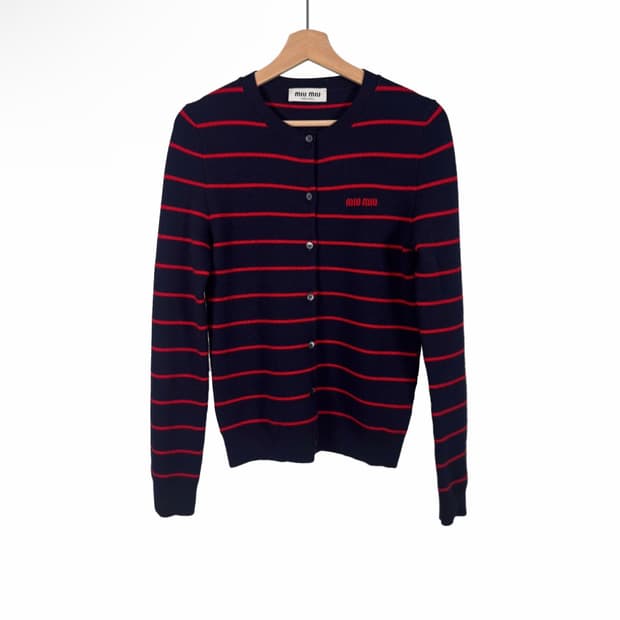 [38] 미우미우 여성 로고 스트라이프 울 니트 가디건 레드 MMF895