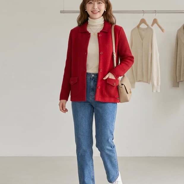 55~66. 세인트제임스 레드 배색 니트 가디건