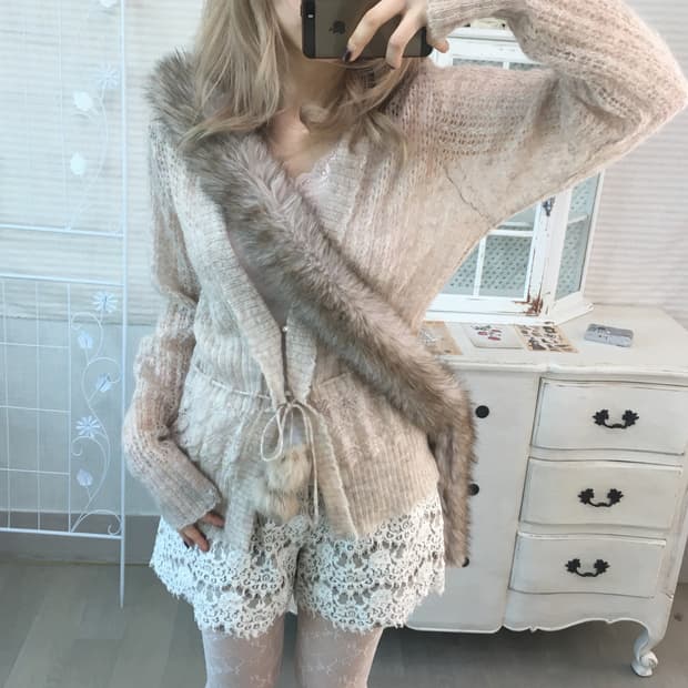 일본빈티지 핑크베이지 페어리가디건