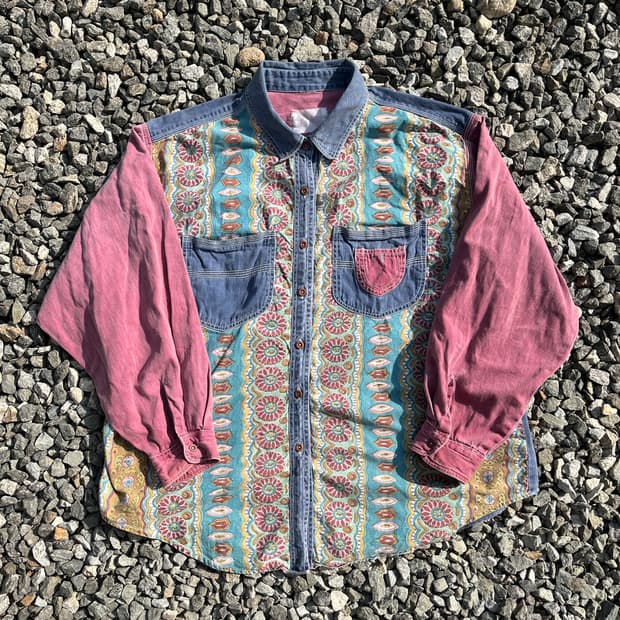 일본빈티지 배색 패턴셔츠 (실측확인) 공용!! 