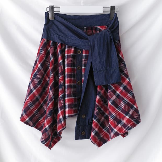 check unbalanced denim skirt 